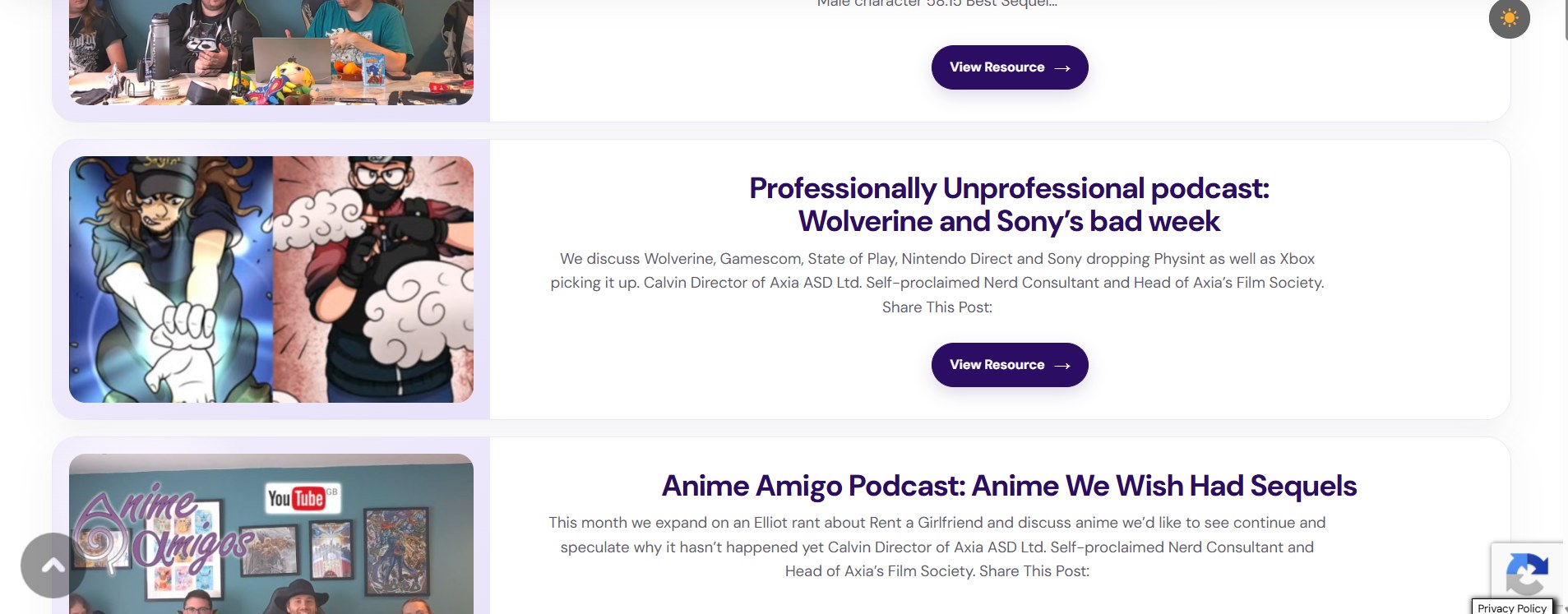 Axia website podcasts including Anime Amigo