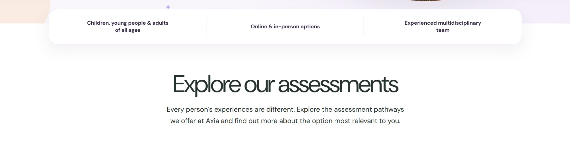 Axia website Assessments page: Explore our assessments